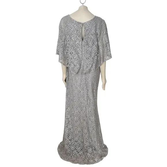 MARINA Silver Sequins & Lace Formal Maxi DressWeddingSZ 18W